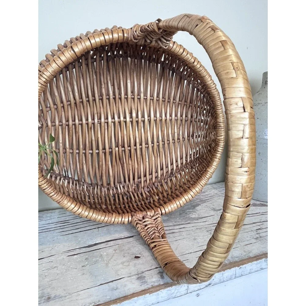 Vintage Large Primitive Chevron Weave Buttocks Woven Wicker Rustic Basket 16”